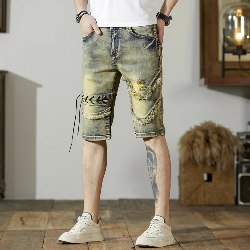 Shorts jeans rasgados personalizados masculinos, design de corda de costura, calças de motocicleta, finas, esticadas, retrô angustiadas, verão