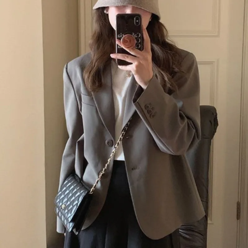 Koreanischen Stil Blazer für Frauen Langarm Frühling Herbst Kerb College Mädchen Freizeit Fashion Solid Büro Dame Neue Minimalistischen