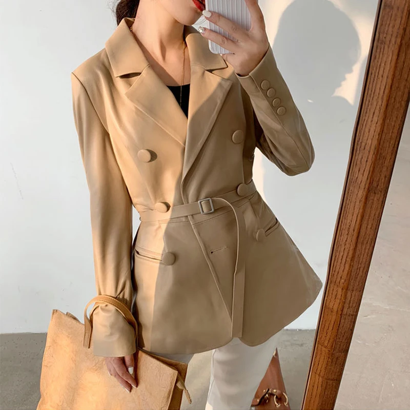 Julypalette 2023 Autumn Lambskin Leather Blazer Jackets Fashion Double Breasted Belt Office Ladies Genuine Leather Jackets