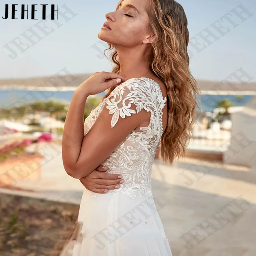 JEHETH-vestidos de novia de encaje con cuello en V, traje bohemio de gasa con mangas cortas, Espalda descubierta, hecho a medida, 2024JEHETH-vestidos de novia de encaje con cuello en V, traje bohemio de gasa con mangas