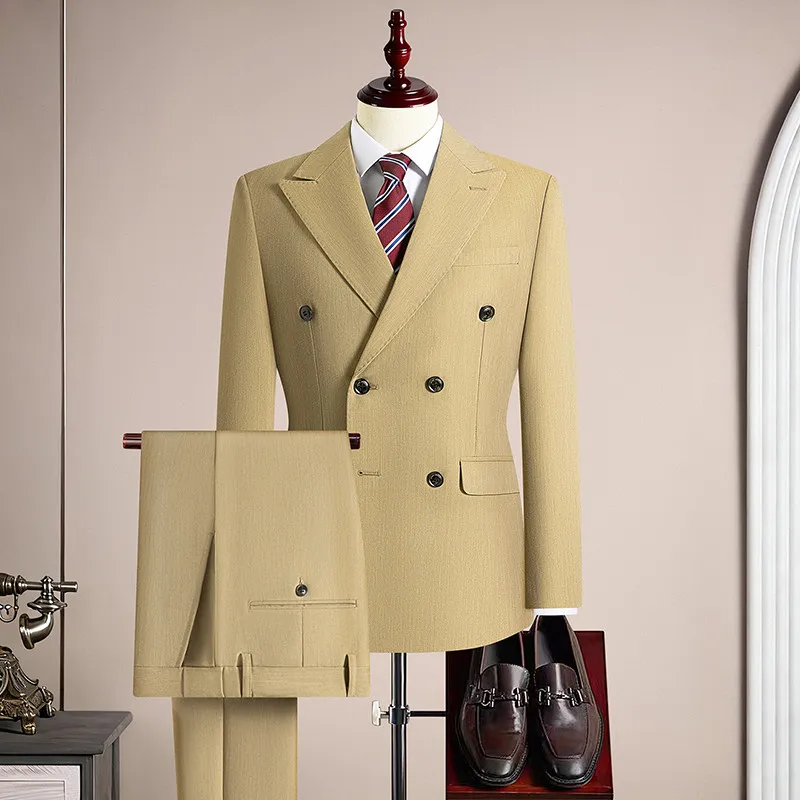 High-Quality Men's Fashionable Ice Silk Cool Feeling Fabric Spring Autumn Thin Double-Row Button Business Suit Three-Piece Set