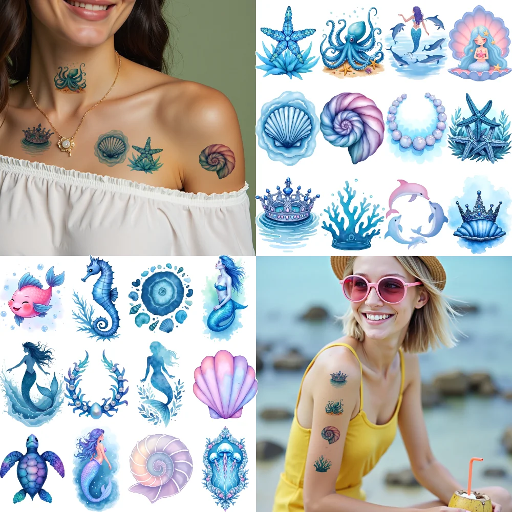 

63pcs Temporary Tattoo Mermaid Stickers Watercolor Ocean Stickers Waterproof Long-lasting Body Stickers For Men Boys Arms