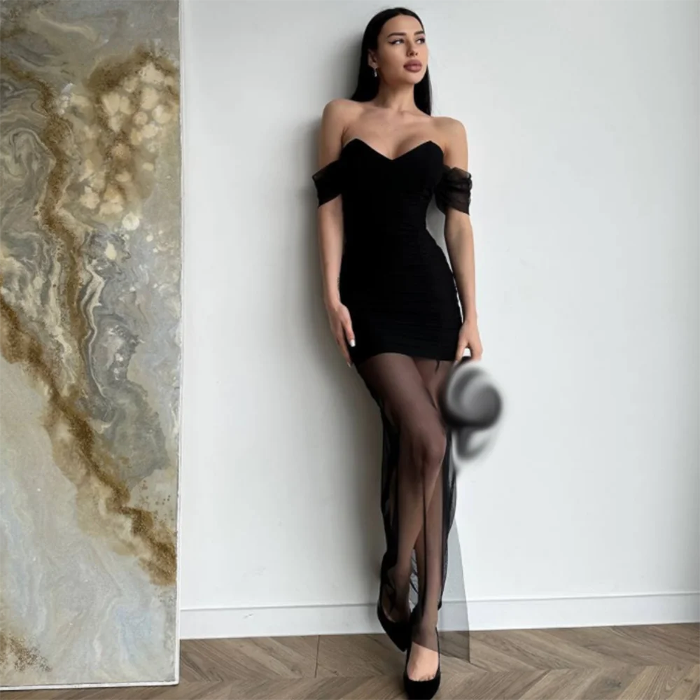 Customized Black Tight Fitting Straight Party Dresses Ankle-Length Sleeveless V-Neck Evening Dresses Fashion Tulle Side Split