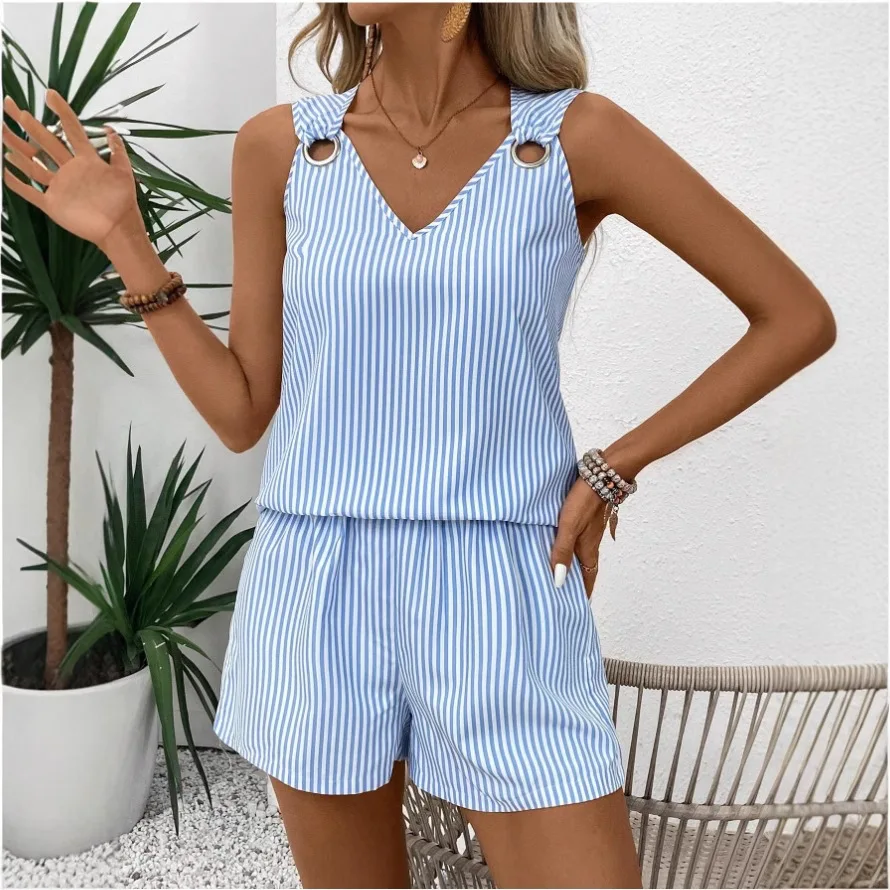 

2025 Summer New Stripe Se't Women's Sleeveless Round Neck Metal Buckle Vest Top Casual Short Pockets Two Piece Outfit Women