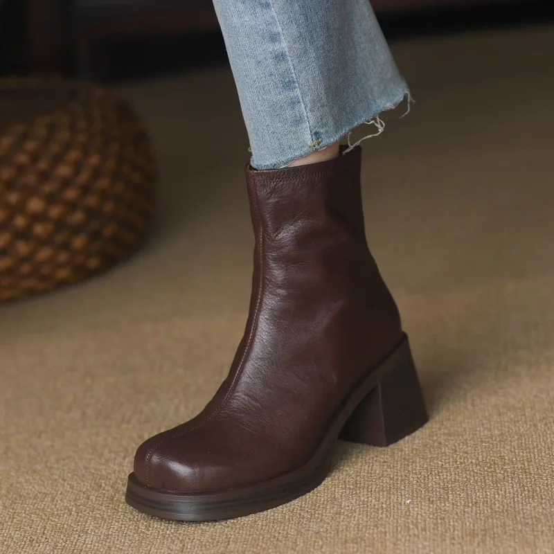 Platform Boots Square Heel Street Style Winter Shoes Woman Square Toe Cowhide Casual Shoes Spring Autumn Chelsea Boots Side Zip