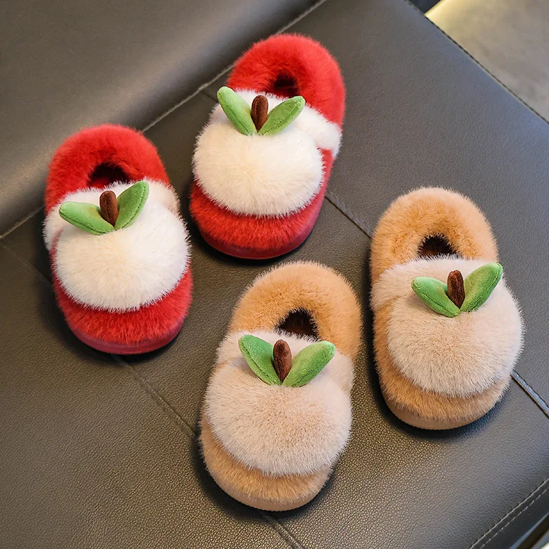 2026 Winter Kids Girls Furry Cotton Home Slippers Cute Apple Design Warm Thick Soled Anti Slip Indoor Household Outdoor Wearable