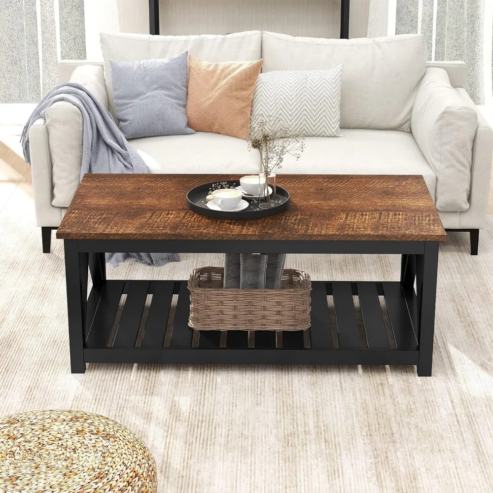 Black Coffee Table, Rustic Vintage Table with Shelf for Living Room, 40 Inch