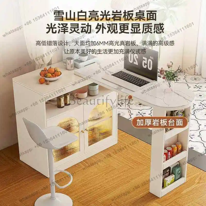 Cream style household wine cabinet solid wood partition living room rock slab dining side cabinet small telescopic middle island