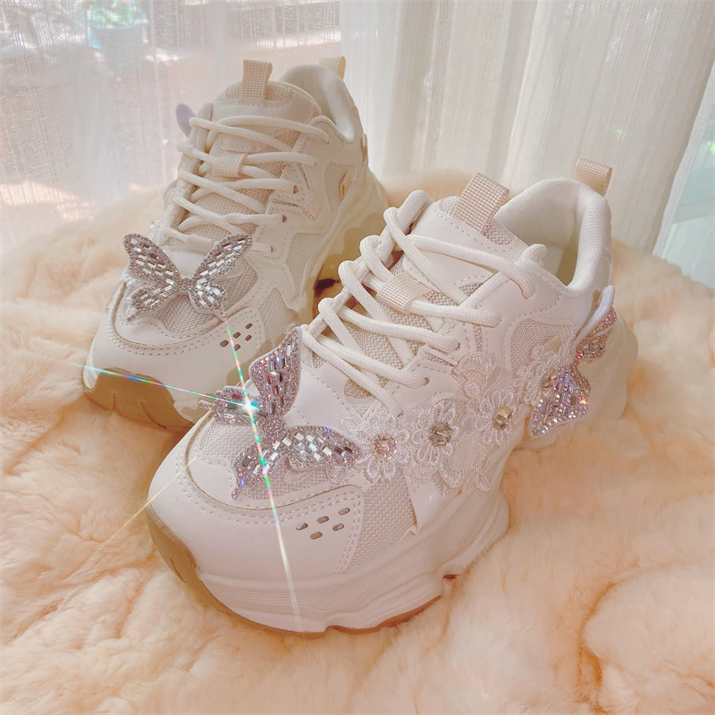 

New Lolita Sweet Casual Dad Shoes With Increased Height Thick Sole Comfortable Round Toe Lace Heavy-duty Sports White Shoes