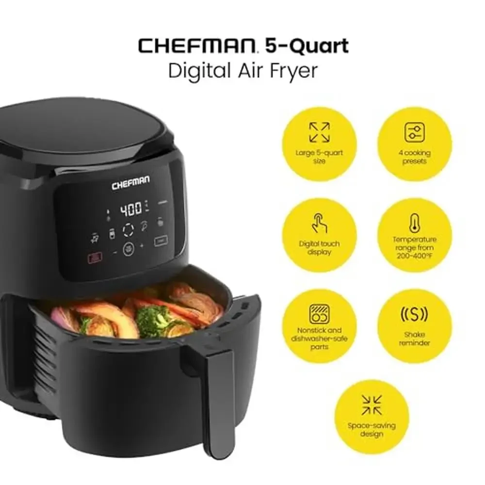 Family Size 5 Qt Digital Air Fryer Nonstick Control Presets French Fries Chicken Meat Fish One Touch Shake Reminder Automatic