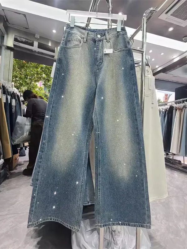 

American Heavyweight Rhinestone Wide Leg Jeans Women's Spring New High Waist Slim Loose Straight Leg Pants Casual Commute Sle