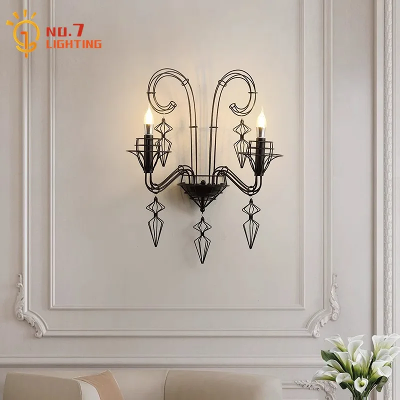 French Retro Industrial Candle Wall Lamp LED E14 Black Baroque Iron Art Designer Wall Mounted Hallway Hotel Bedroom Bedside Cafe