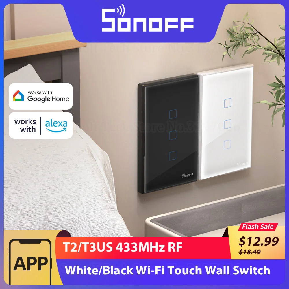 SONOFF T2/T3US 433Mhz RF Wi-Fi Wall Touch Smart Switch Remote Control via eWeLink APP Works With Alexa Google Home IFTTT