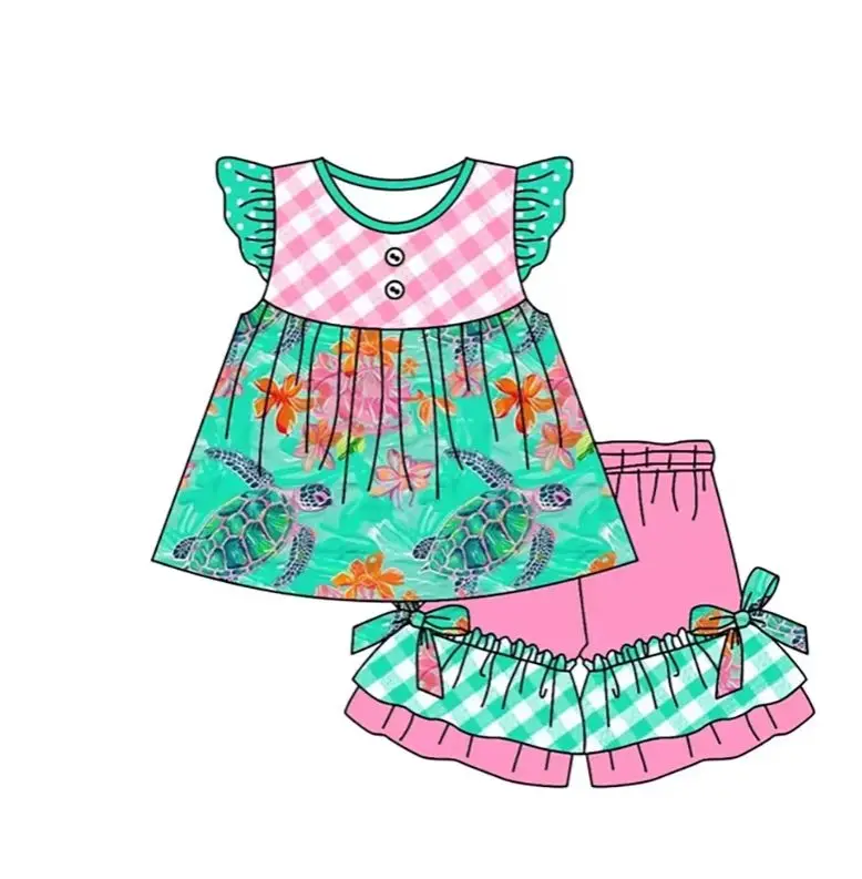 Summer Girl Boy Tropical Turtle Print Outfit Pink & Green Check Kids Flutter Sleeve & Ruffle Casual Clothes