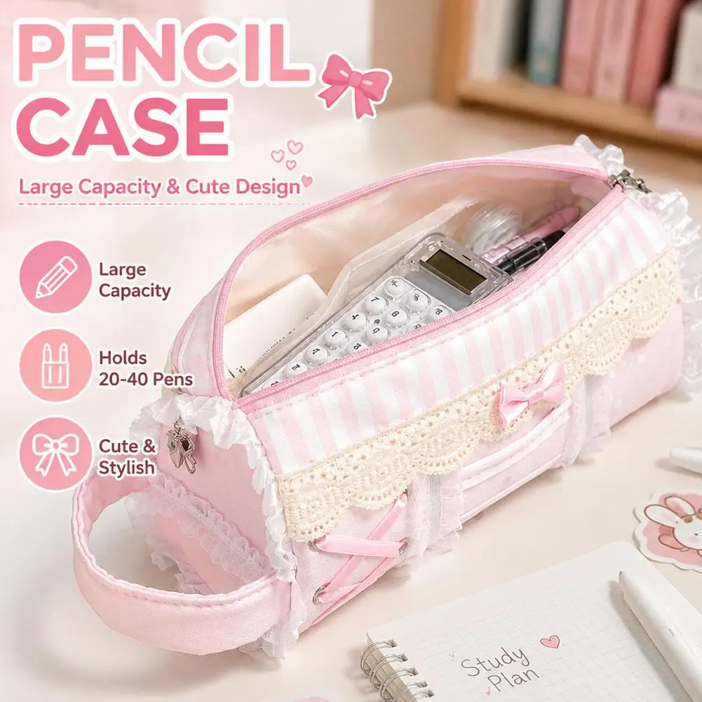 Cute Pink Lace Pencil Case Large Capacity Kawaii Pen Bag Portable Student Stationery Pouch Makeup Cosmetic Bag Gift