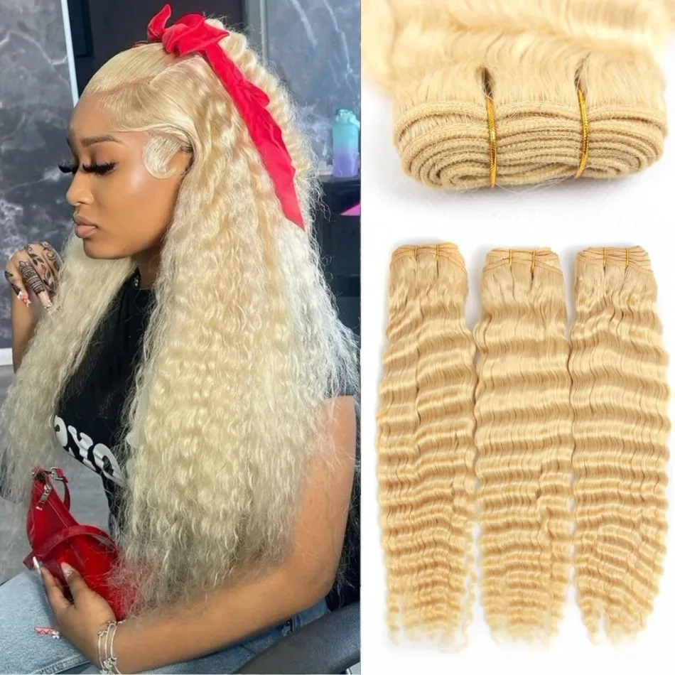 Curly Blonde Bundles Human Hair 613 Deep Wave Bundles Unprocessed Brazilian Virgin Remy Hair Extensions Blonde Wet And Wavy Bundle 10-30 Inch