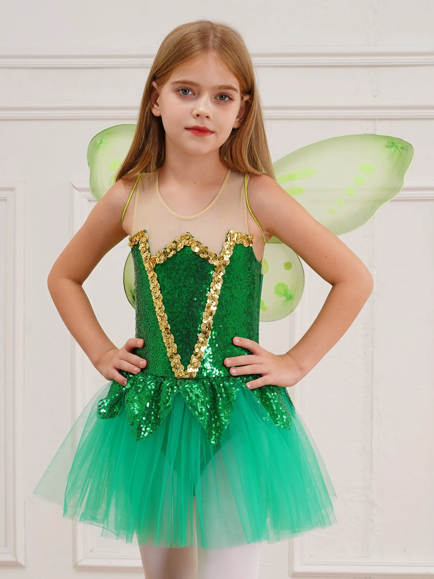 Girls 2Pcs Halloween Fairy Tale Elf Costume Green Sequins Mesh Tutu Ballet Dance Dress with Wings Set Dance Performance Outfits