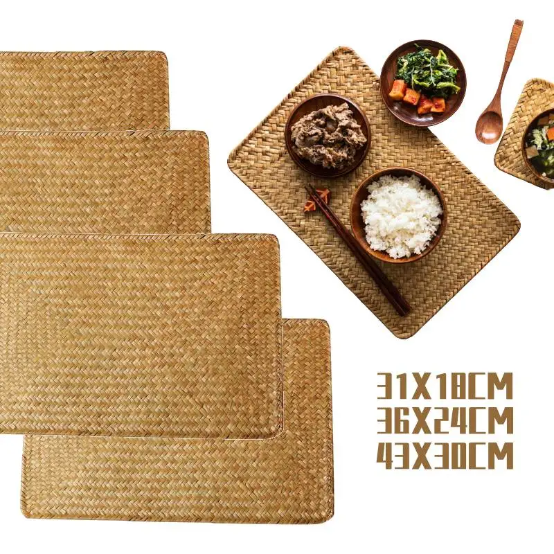 Handmade Woven Placemat Water Hyacinth Table Mat Square Hot Insulation Braided Mat Heat Resistant Anti-Skidding Wicker Woven Mat