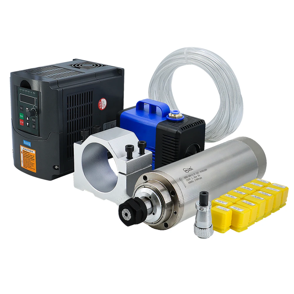 EU-Versand 2,2KW Spindelmotor 24000 U/min Wassergekühlt Einphasig 220V + Frequenzumrichter + Wasserpumpe + Spannzange + Spindelhalterung