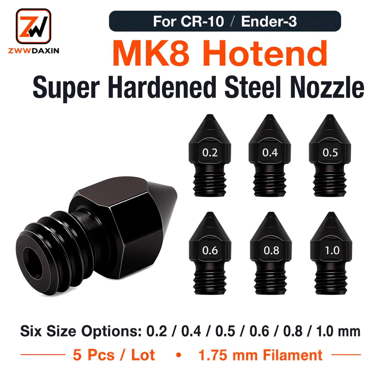 Super Hardened Steel Nozzle MK8 5Pcs/Lots Hard Reprap 1.75mm 0.2/0.4/0.5/0.6/0.8/1.0mm for 3D Printers Hotend CR10 Ender3