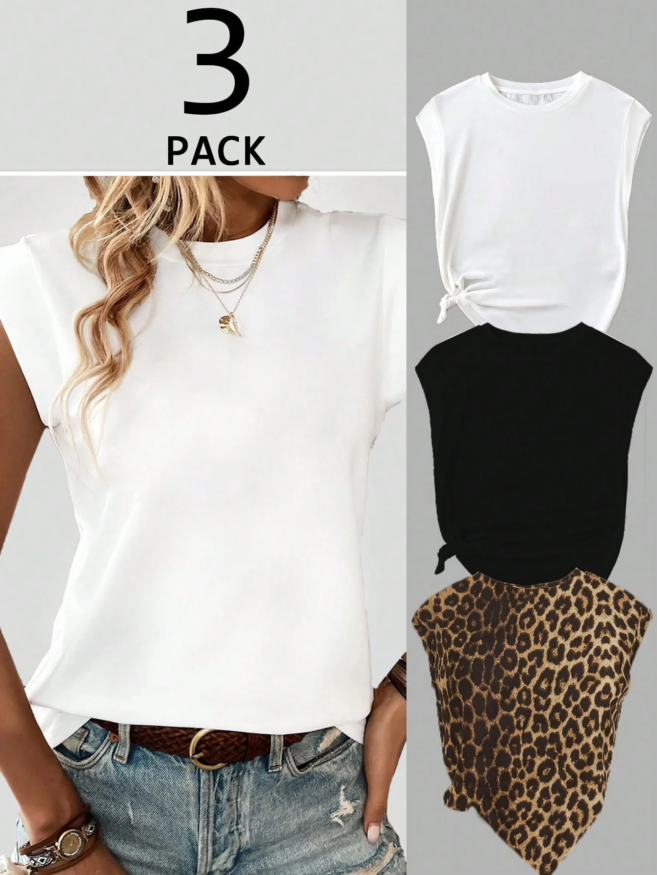 

Women's fashionable, elegant and versatile solid color leopard print comfortable sleeveless round neck three-piece T-shirt set