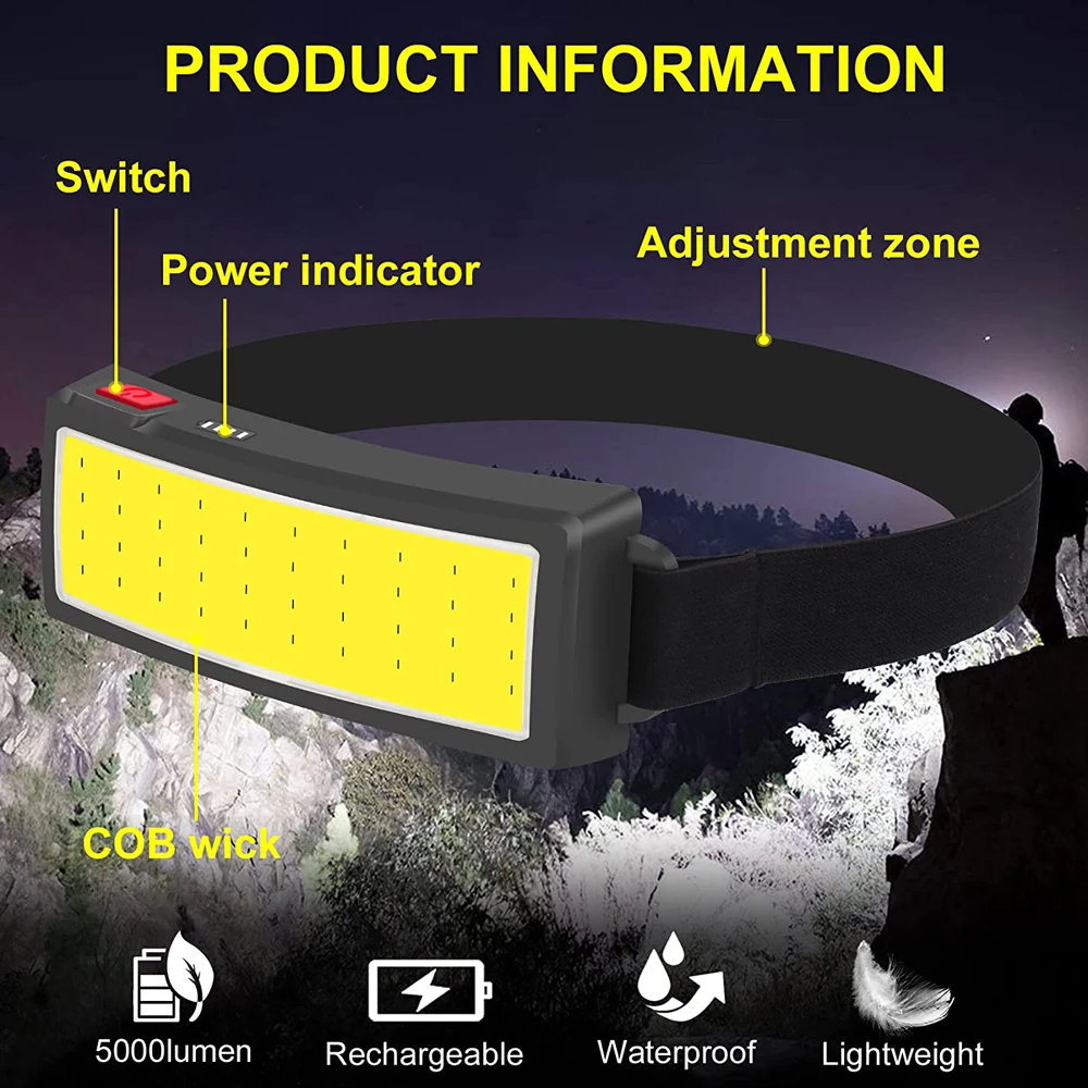 Cob faróis portáteis ao ar livre led farol com bateria embutida usb recarregável cabeça lâmpada de acampamento pesca escalada