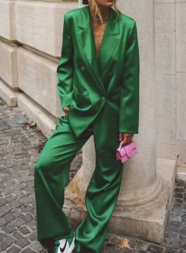 Green Satin Women Blazer And Pants Set 2Pc Double-breasted/ Jacket Casual Suit Trousers Spring Autumn Winter Slim Fit Office Set