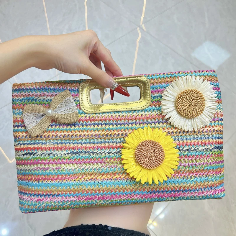 

Изящная пляжная сумка-конверт из соломки для женщин, дизайнерская люксовая сумочка, новинка 2026 года, с аппликацией из папируса и цепочкой-ремешком на плечо