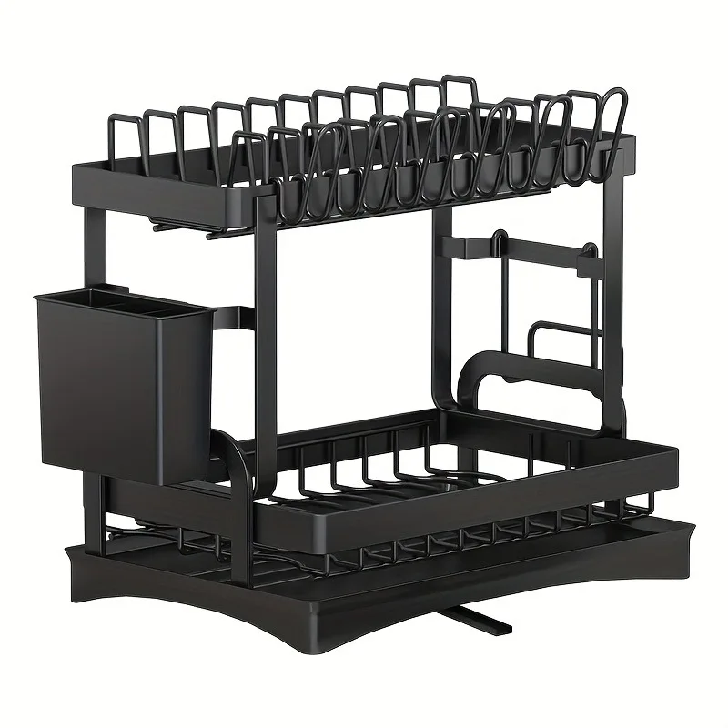 2-Tier Metal Dish Drying Rack – Black Kitchen Counter Dish Drainer with Drainboard, Two-Tier Storage Organizer