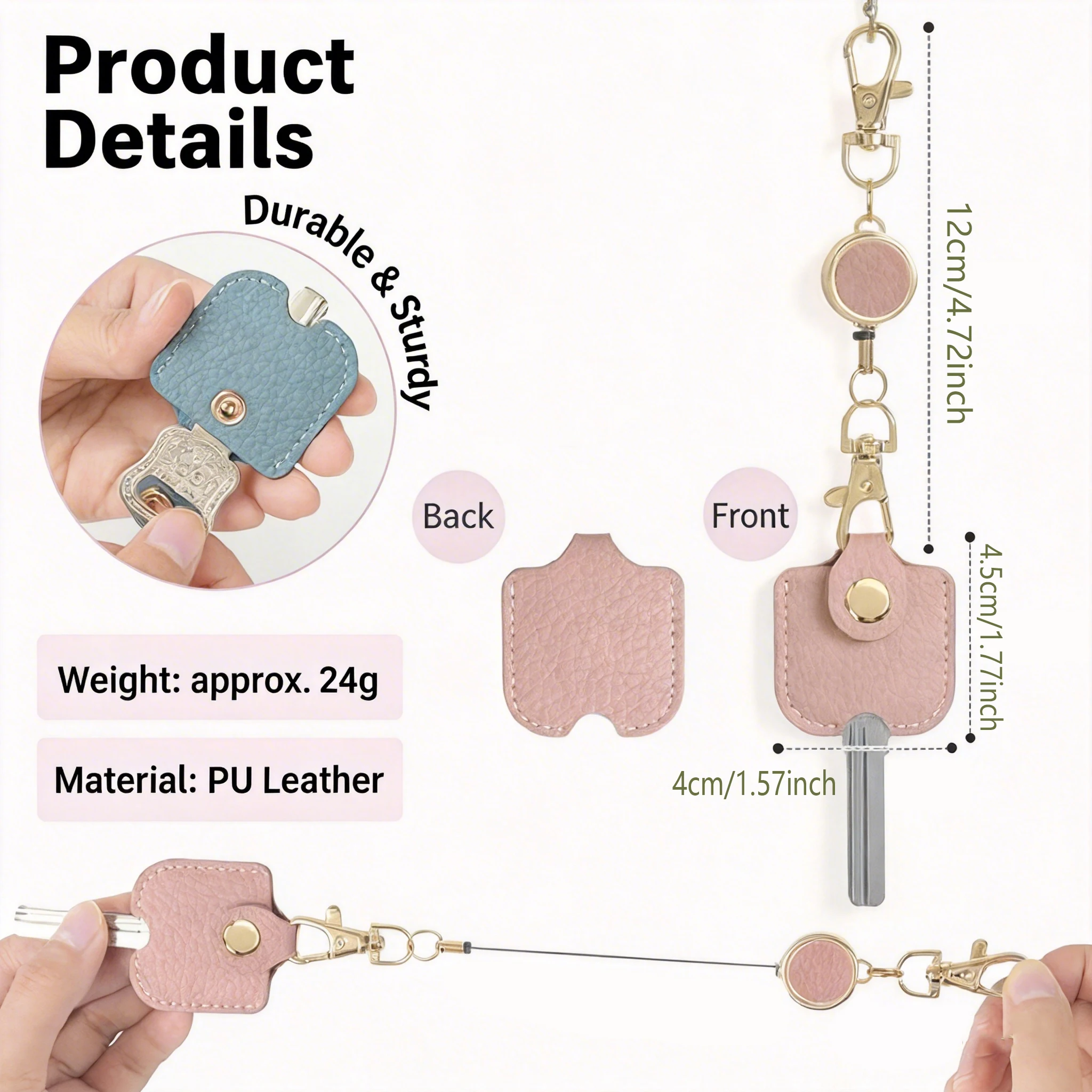 Retractable Keychain for Women, PU Leather Extendable Key Chain 30cm Stretch Length Anti-Lost Key Holder with Golden Metal Clasp