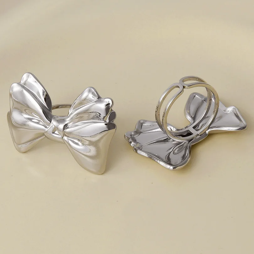 女性用ステンレススチールボウチャームリング、本物の金メッキ、オープンアジャスタブルリング、女の子用のエレガントなジュエリー、女性用アクセサリー