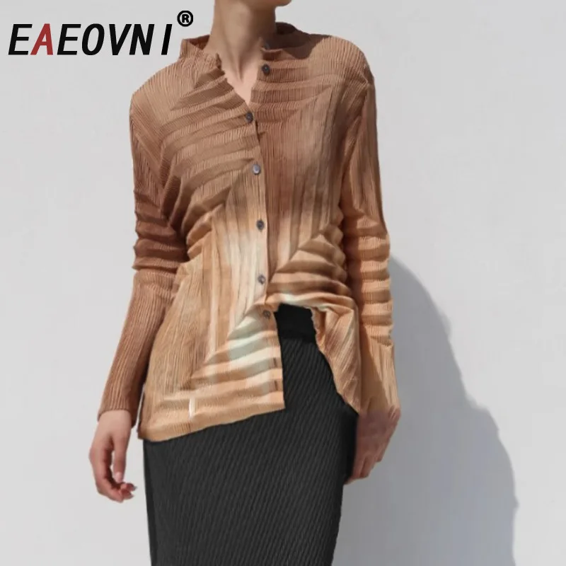 

EAEOVNI Y2k Tie Dye Printing Design Shirt Women Fashion Miyake Pleated Button Gradient Blouse Streetwear 2025 New Clothing