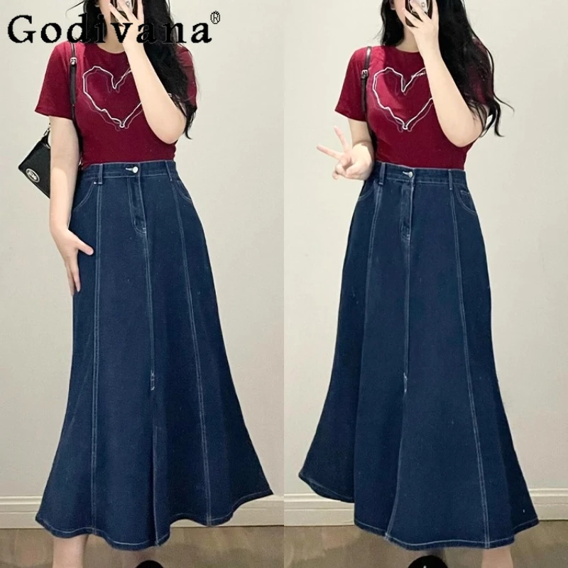 

Large Size 2XL-6XL Girl Spring Summer Retro Blue High Waist A-line Denim Skirt Fashion Versatile Fishtail Medium and Long Skirts