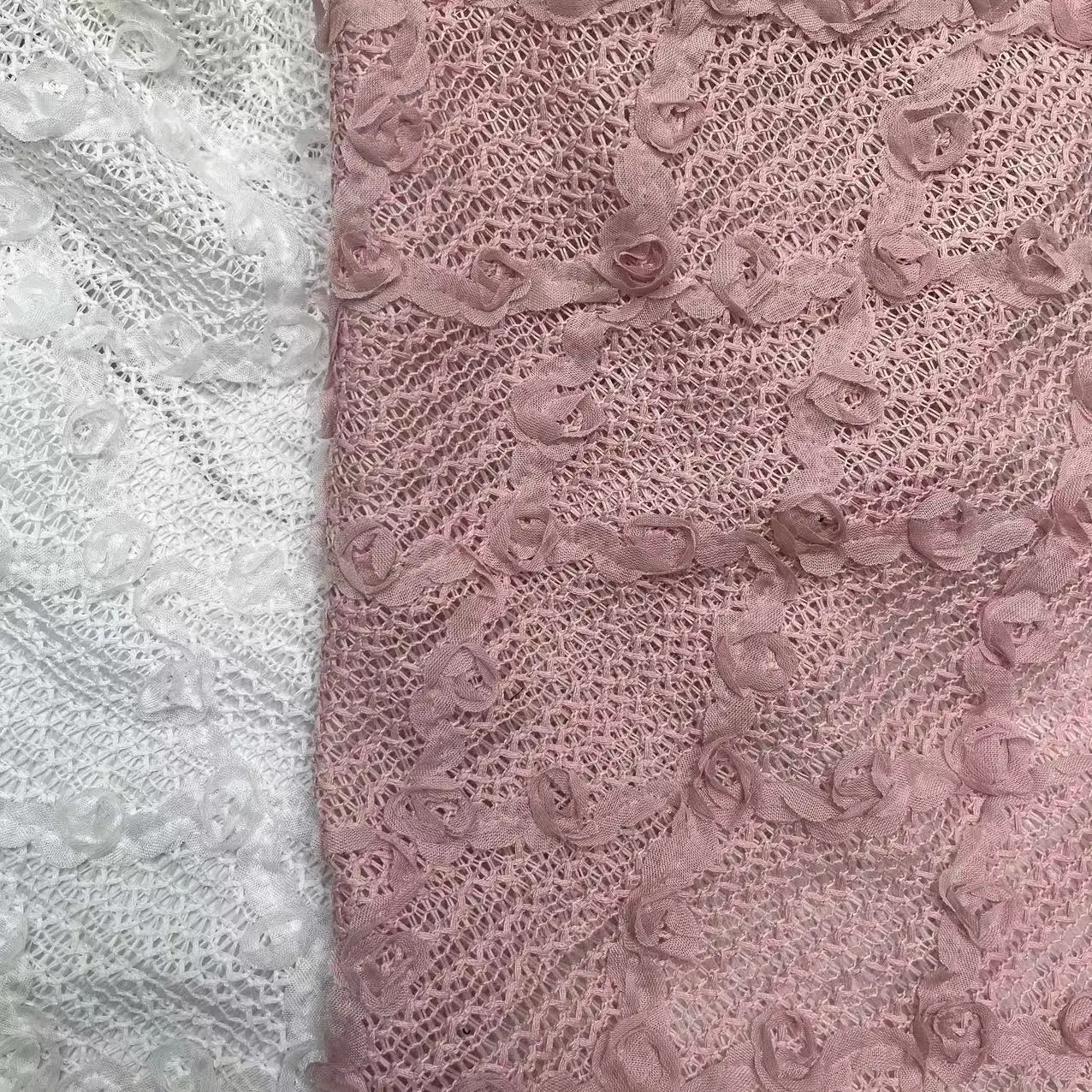 

1 Yard White/Pink 3D Rose Crochet Lace Mesh Fabric – 1.5m Wide for Kids Dresses, Wedding & Stage Costumes, Elegant Vintage Styl