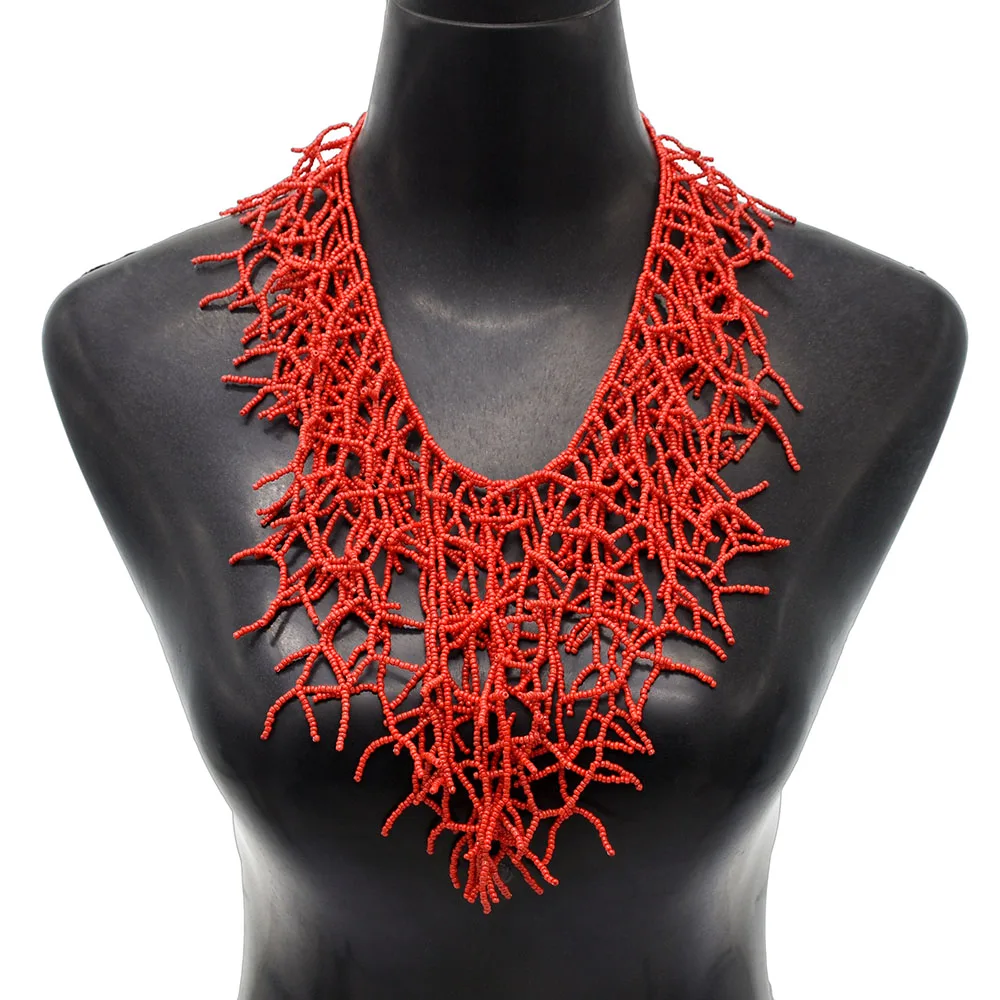 New Arrival Jewelry Accessories Exaggerated Handmade Beads Long Tassel Collar Three-Layer Beaded Coral Necklace for Women 2022