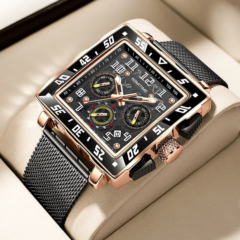 

ROMITIME Кварцевые мужские часы с квадратным циферблатом, сетчатый стальной ремешок, светящийся водонепроницаемый календарь, хронограф, модные повседневные мужские наручные часы