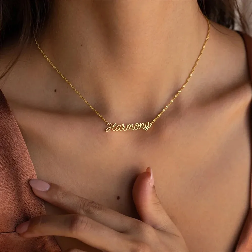 Gold Name Necklace Personalised Water Wave Chain Custom Stainless Steel Necklace Cursive Letter Pendant Premium Jewelry Women