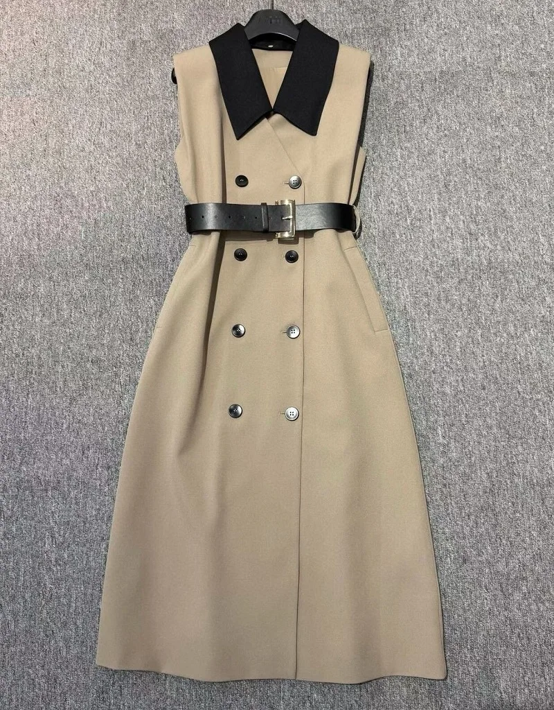 

Top Quality New Autumn Winter Dress 2025 Fashion Women Turn-down Collar Double Breasted Belt Mid-Calf Khaki Black Work Dress OL