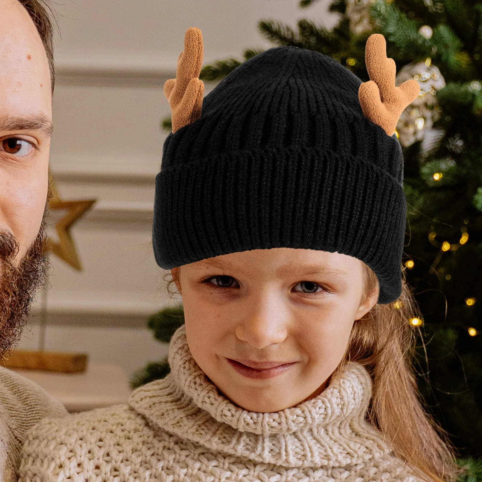 

1Pcs Antlers Knitted Christmas Warm Hat Winter Woolen Cap Soft Lining Cozy Outdoor Headwear Knitted Hat Christmas Cap