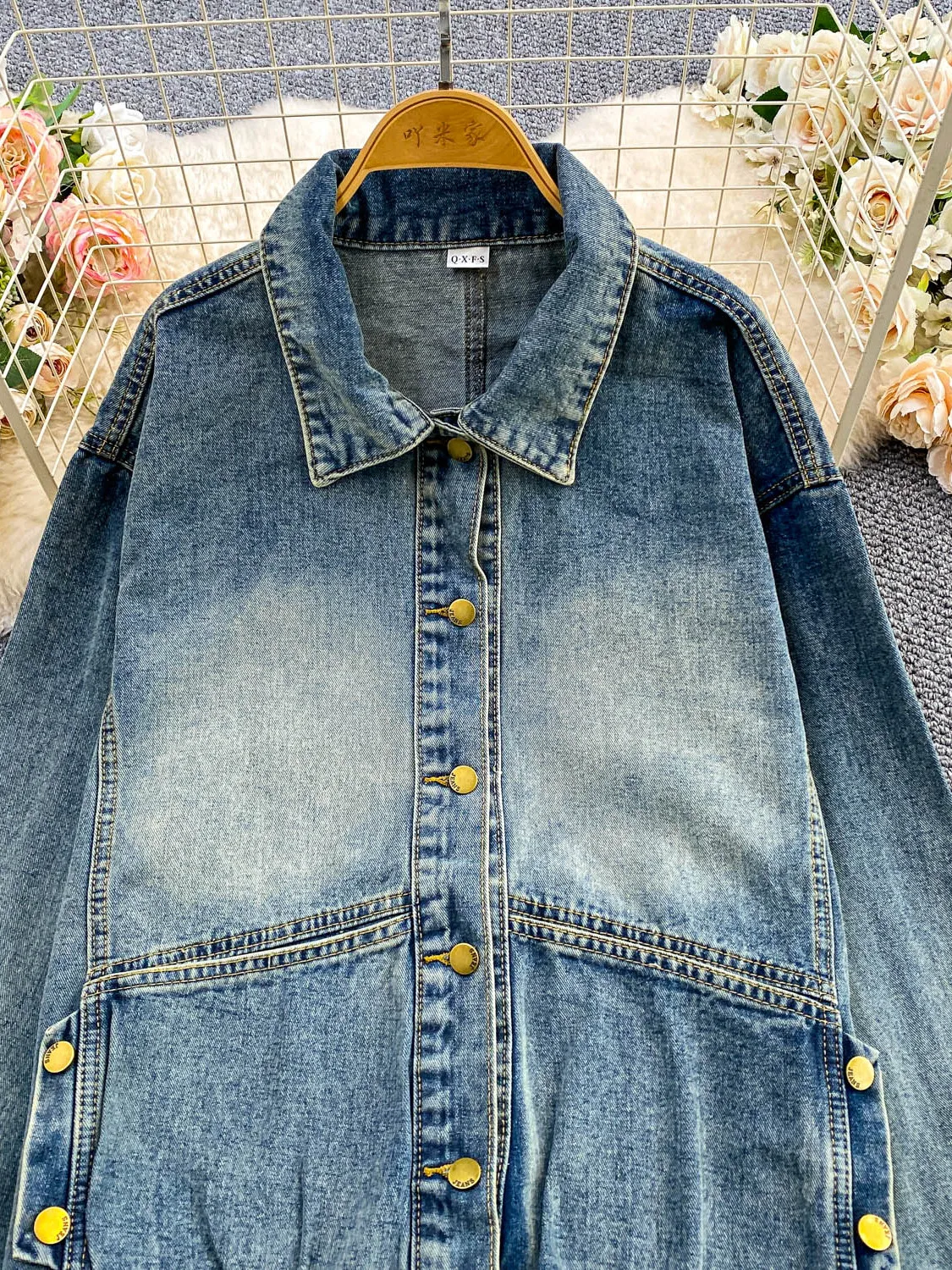 Retro hong kong sle destred azul denim jaet feminino solto emagrecimento topo com boules de metal outono faion outerwear