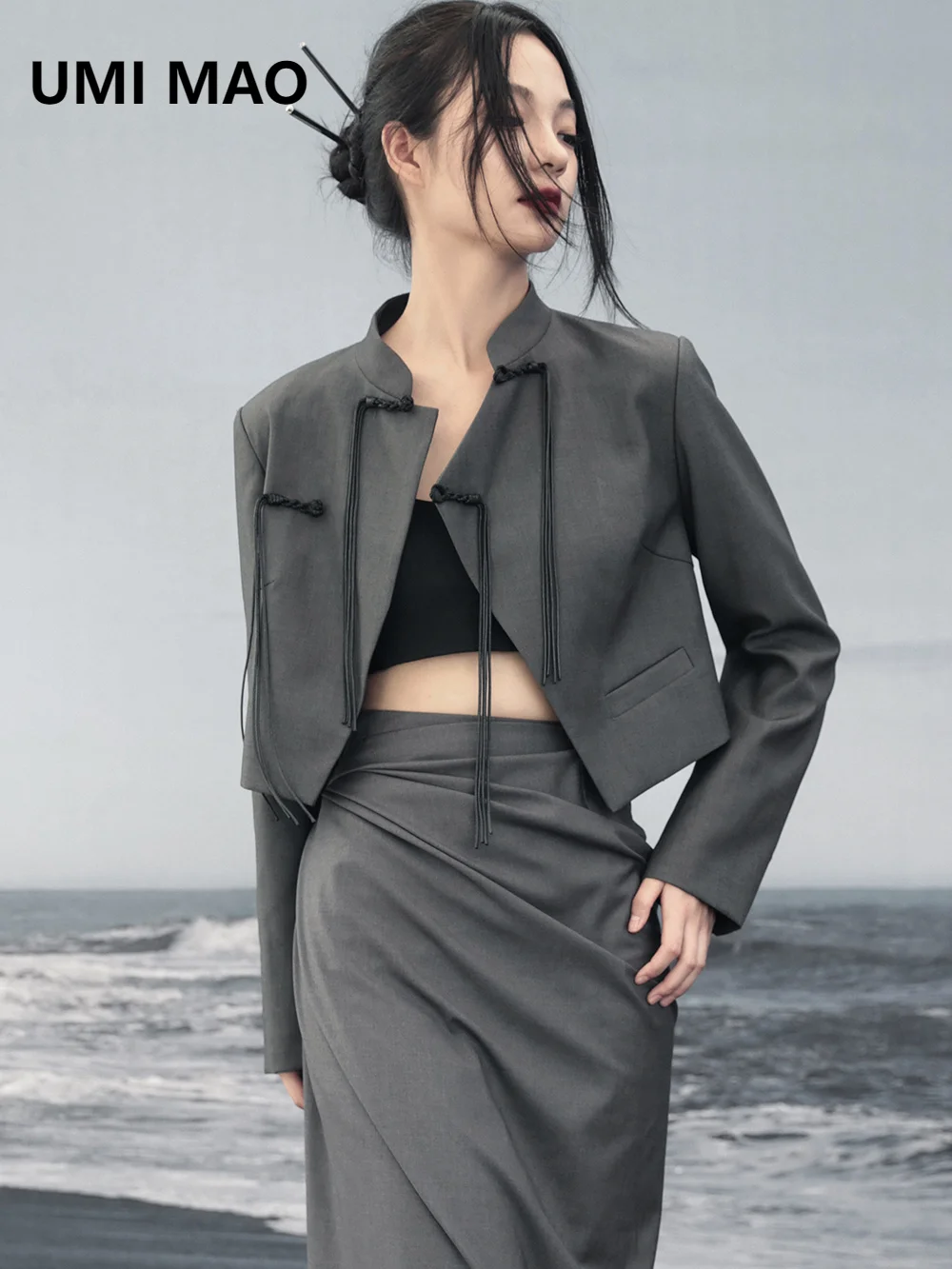 UMI MAO New Chinese Button Coat Women's Autumn Loose Irregular Blazers Short High Waist Long Sleeve Top Femme Jacket  Y2K