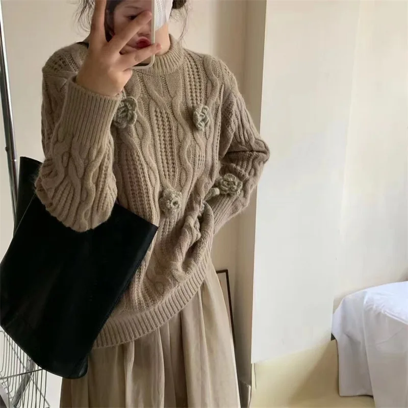 3d flower twist pull Sweater Korean sweet knit loose knitted pullovers femme slouchy style Knitted Sweater Women winter tops