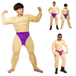 Adult Kids Fantasy Muscular Men Cosplay Muscle Jumpsuit Costume Boys Roleplay Bodysuit Halloween Carnival Party Suit