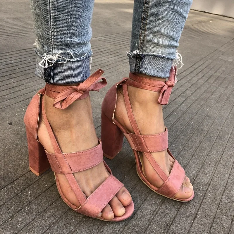 Europe Sexy High Heels Sandals Women 2024 Summer New Gladiator Lace-Up Flock Casual Shoes Woman Size 34-43 High Quality