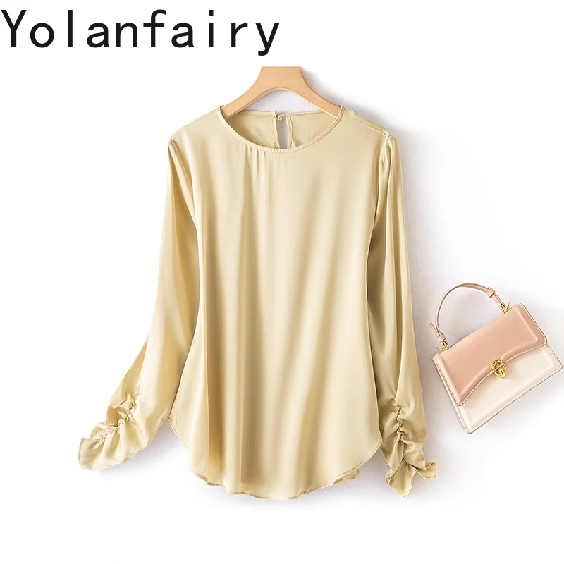

YOLANFAIRY 93% Mulberry Silk 7% Spandex Blouse for Woman Elegant Long Sleeve Tops Real Silk O-neck Classic Ladies Blouses Tops