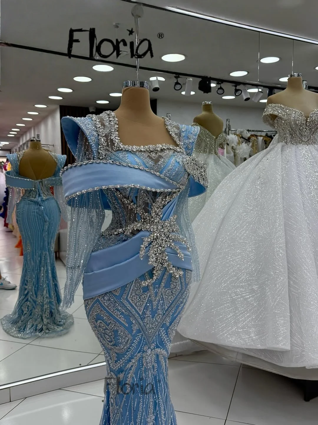 Długa niebieska sukienka damska z błyszczącymi kryształami, długi rękaw, suknia na wesele, sukienka na przyjęcie, szyta na miarę, syrenka, suknia na drugie przyjęcie, nowa suknia damska.