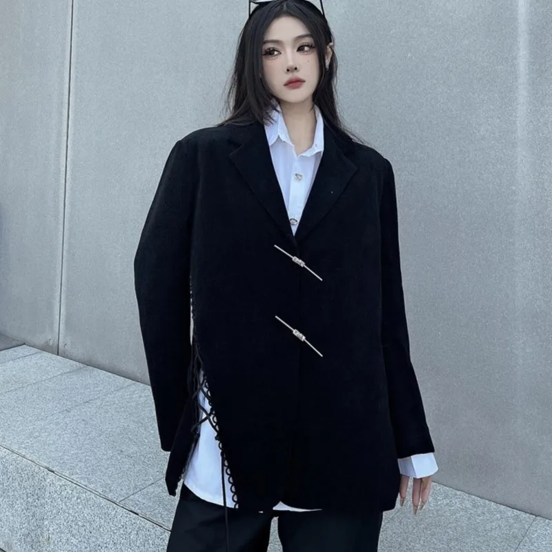 Harajuku Chinese Style Asymmetric Straps Black Suit for Female Autumn Jacket New Loose Version Temperament Thin Suit 2024