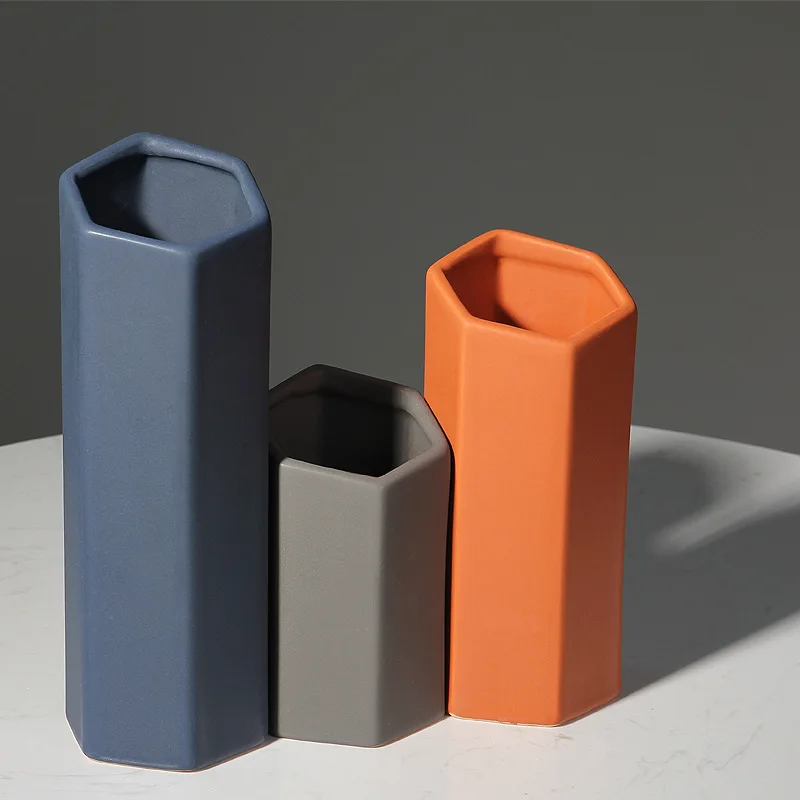 Nordic art geometric ceramic vase Morandi creative hexagonal simple entrance desktop home decoration ornament