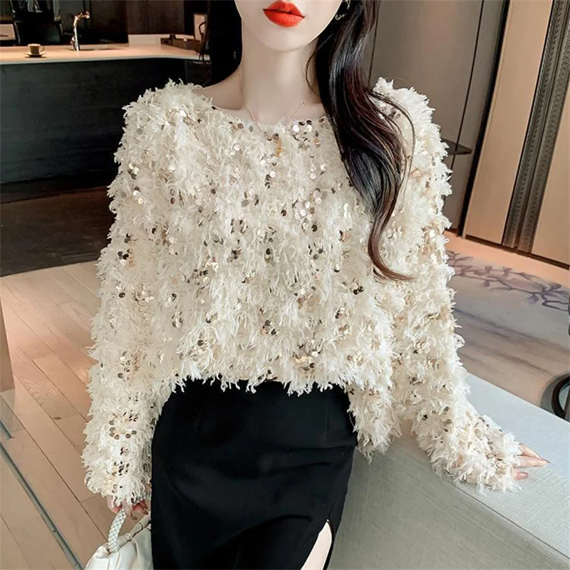 

Y2K Autumn Winter Paillette Sweater 2025 New Round Collar Loose Women's Clothes Pullover Top Solid ColorFashion Female Knitwear