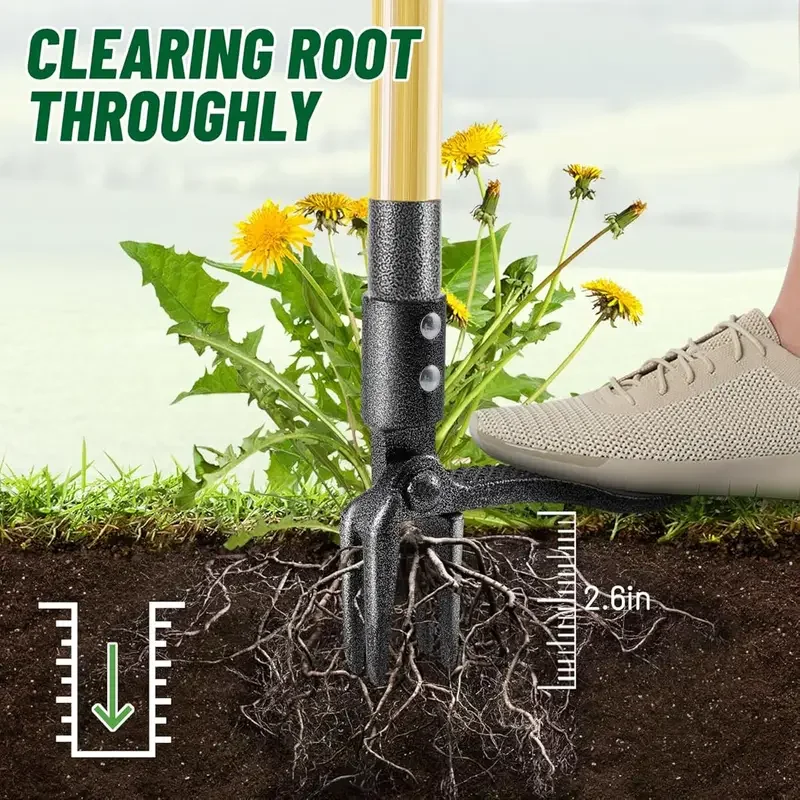 Heavy-Duty Stainless Steel 4-Prong Weed Puller, Adjustable Height Lawn with Long Handle, Sturdy Root Killer for Root Removal